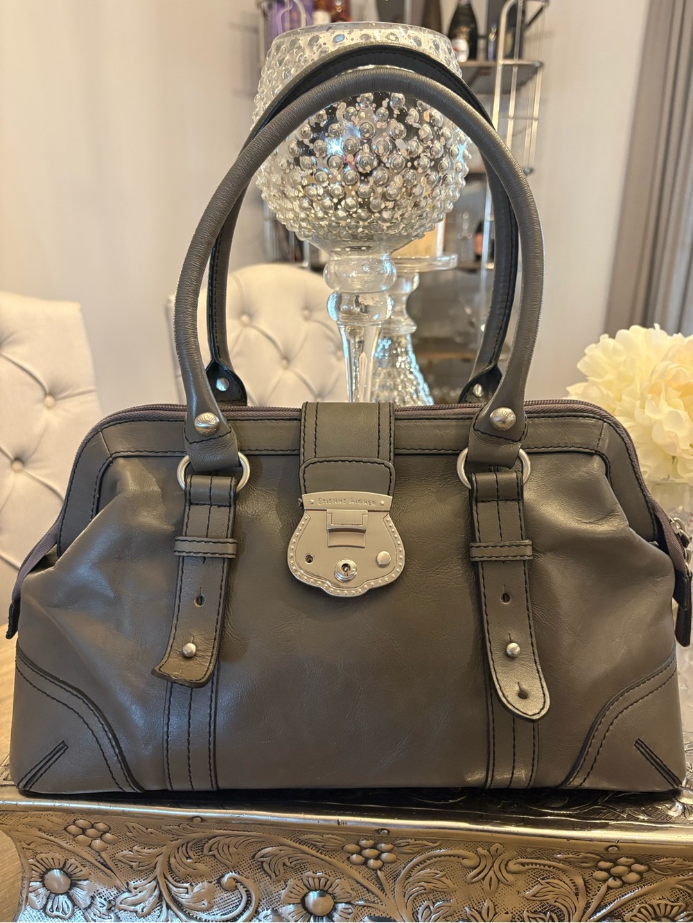 Etienne Aigner Charcoal Gray Leather Satchel with Silver Hardware